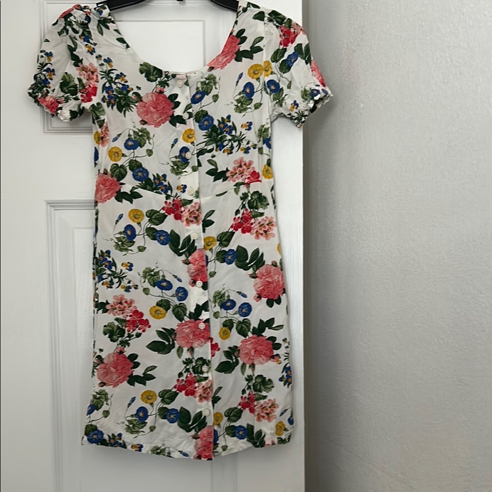 White Floral Button-Front Dress with Pink, Blue & Yellow Blooms